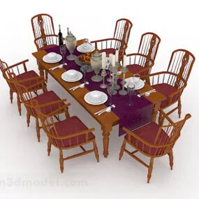 Wooden Brown Dining Table Chair 3d model