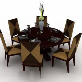 Brown Round Dining Table Chair V1 3d model