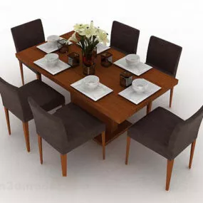 Brown Wooden Dining Table Chair V4 3d model