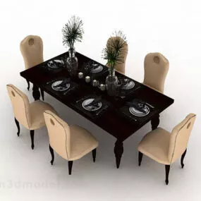 Home Brown Wooden Dining Table Chair 3d model