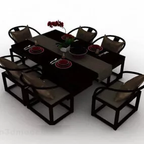 New Chinese Style Brown Wooden Dining Table And Chair 3d model