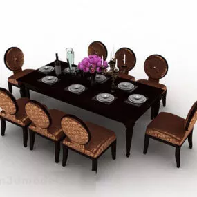 Brown Wooden Dining Table Chair Set V2 3d model