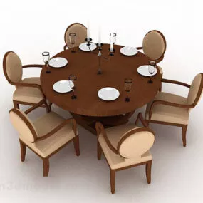 Brown Wooden Dining Table Chair Set V3 3d model