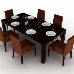 Brown Wooden Dining Table Chair Set V4 3d model