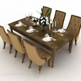 Brown Wooden Dining Table And Chair V8 3d model
