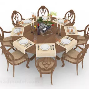 Round Wooden Dining Table And Chair V1 3d model