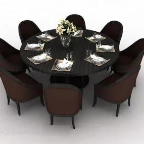 Dark Brown Round Dining Table And Chair V2 3d model