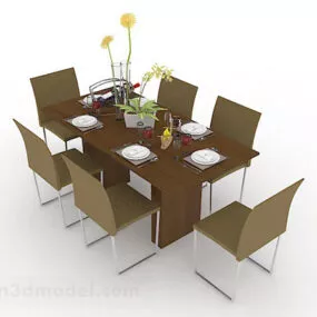 Wooden Brown Dining Table And Chair V6 3d model