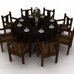 Brown Wooden Dining Table And Chair V14 3d model