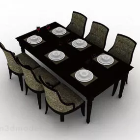 Dark Brown Wooden Dining Table And Chair V1 3d model