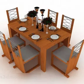 Yellow Wooden Dining Table And Chair V1 3d model