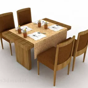 Brown Wooden Dining Table And Chair V15 3d model