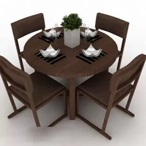 Brown Wooden Dining Table And Chair V16 3d model