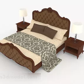 European Brown Wooden Double Bed 3d model