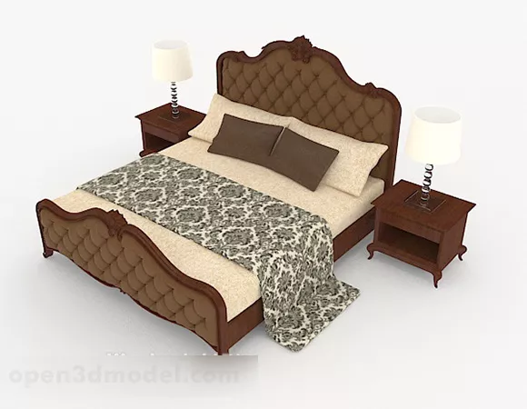 European Brown Wooden Double Bed 3d model European Brown Wooden Double Bed 3d model