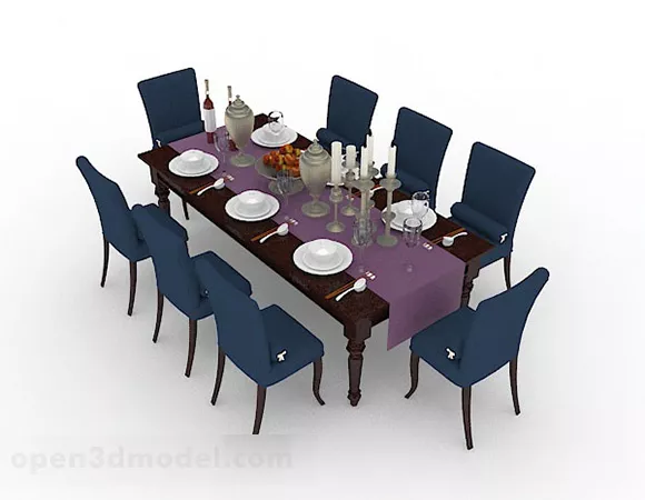 Blue Fabric Wooden Dining Table Chair 3d model Blue Fabric Wooden Dining Table Chair 3d model