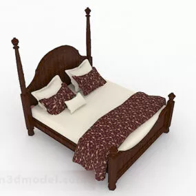 Brown Solid Wood Double Bed 3d model
