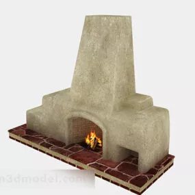 Brown Stone Fireplace Furniture 3d model