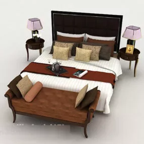 Brown Wood Business Double Bed 3d model