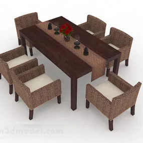 Brown Wood Dining Table And Chair 3d model