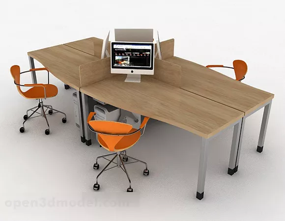 Brown Wooden Desk With Chairs 3d model Brown Wooden Desk With Chairs 3d model