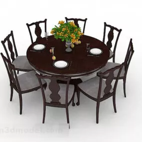 Brown Wooden Dining Table And Chairs 3d model