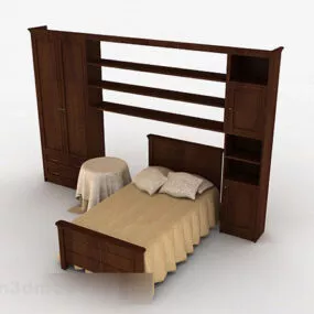 Brown Wooden Single Bed 3d model