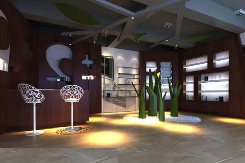Exhibition Showroom Marble Floor With Red Wall 3d model