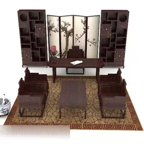 Retro Wooden Brown Table Chair Set 3d model