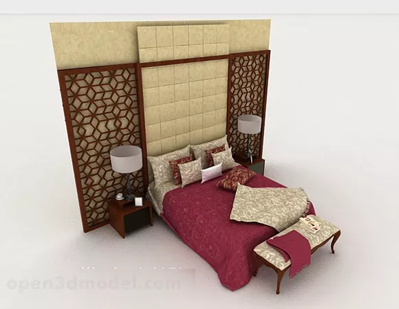 Chinese Style Red Double Bed 3d model Chinese Style Red Double Bed 3d model