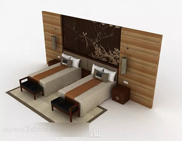 Chinese Style Single Bed Combination 3d model Chinese Style Single Bed Combination 3d model