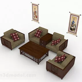 Chinese Style Wooden Brown Combination Sofa Design 3d model