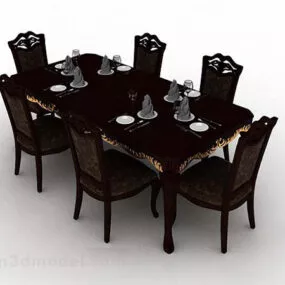 Dark Brown Wood Dining Table And Chair 3d model