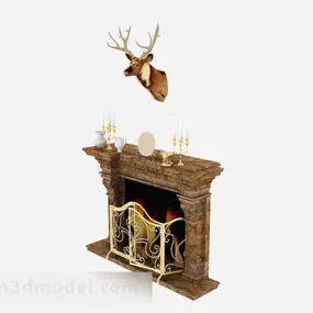 European Brown Stone Fireplace 3d model