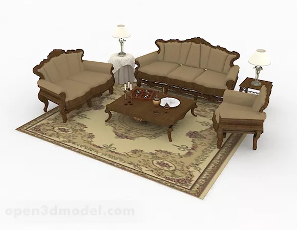 European Brown Wooden Sofa Set 3d model European Brown Wooden Sofa Set 3d model