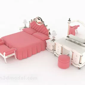 European Pink Double Bed 3d model