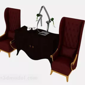 European Red Wooden Table And Chair 3d model