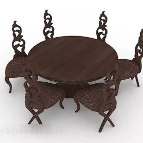 European Retro Brown Wooden Table And Chair Combination 3d model