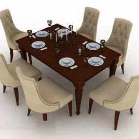 European Wood Dining Table Chair 3d model