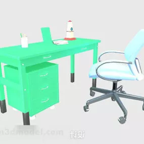 Green Color Desk With Chair 3d model