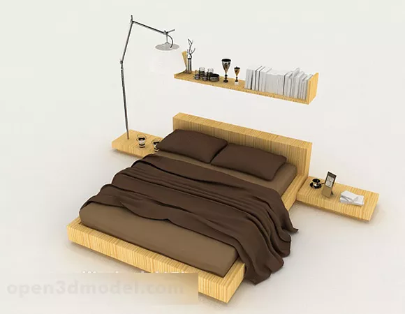 Home Wood Brown Double Bed 3d model Home Wood Brown Double Bed 3d model