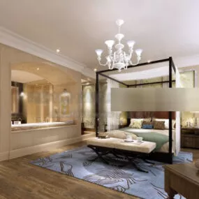 Modern Hotel With Poster Bed Interior 3d model