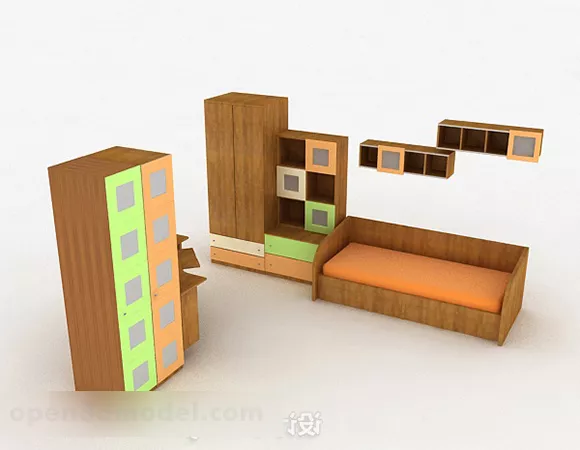 Brown Combination Bed Wardrobe 3d model Brown Combination Bed Wardrobe 3d model