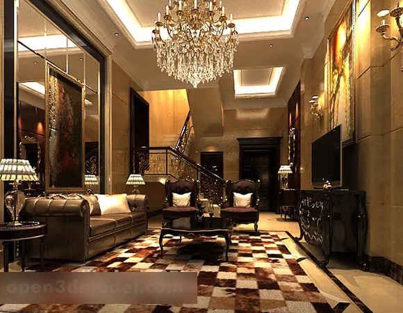 Living Room Crystal Chandelier Interior 3d model Living Room Crystal Chandelier Interior 3d model
