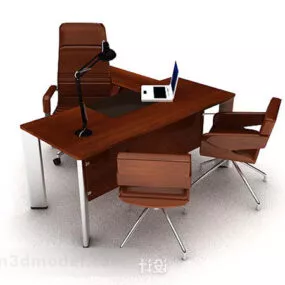 Modern Brown Wooden Desk And Chair 3d model