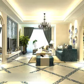 Modern Living Room Curtains Interior 3d model