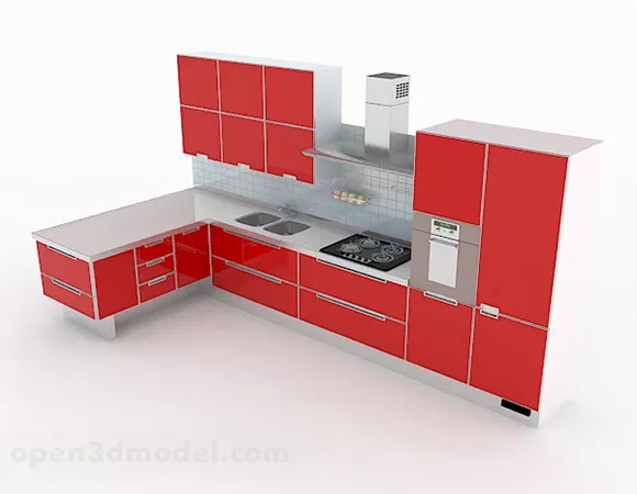 Positive Red L Shaped Kitchen 3d model Positive Red L Shaped Kitchen 3d model