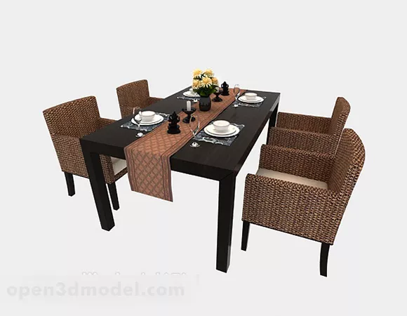 Rattan Chair Four Person Dining Table 3d model Rattan Chair Four Person Dining Table 3d model