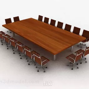 Rectangular Brown Wooden Desk And Chair 3d model