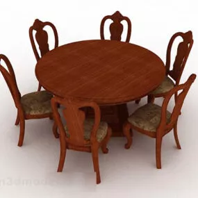Round Wood Brown Dining Table Chair 3d model